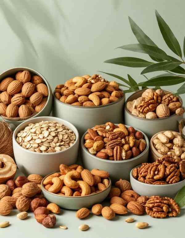 کپڑے کے پس منظر پر مختلف گری دار میووں کی سادہ ترتیب